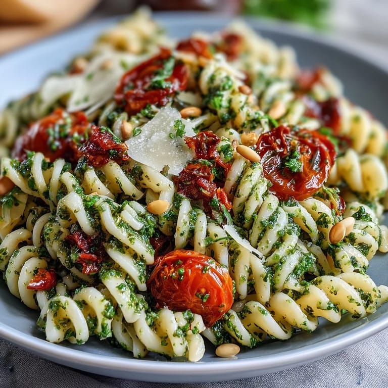 Colorful pasta salad featuring homemade pesto, juicy cherry tomatoes, and parmesan shavings, ideal for picnics or light lunches.