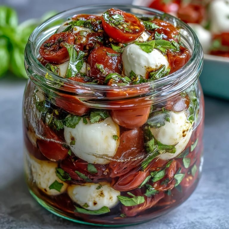 Portable Caprese salad in mason jars, featuring juicy tomatoes, creamy mozzarella, and aromatic basil leaves.  