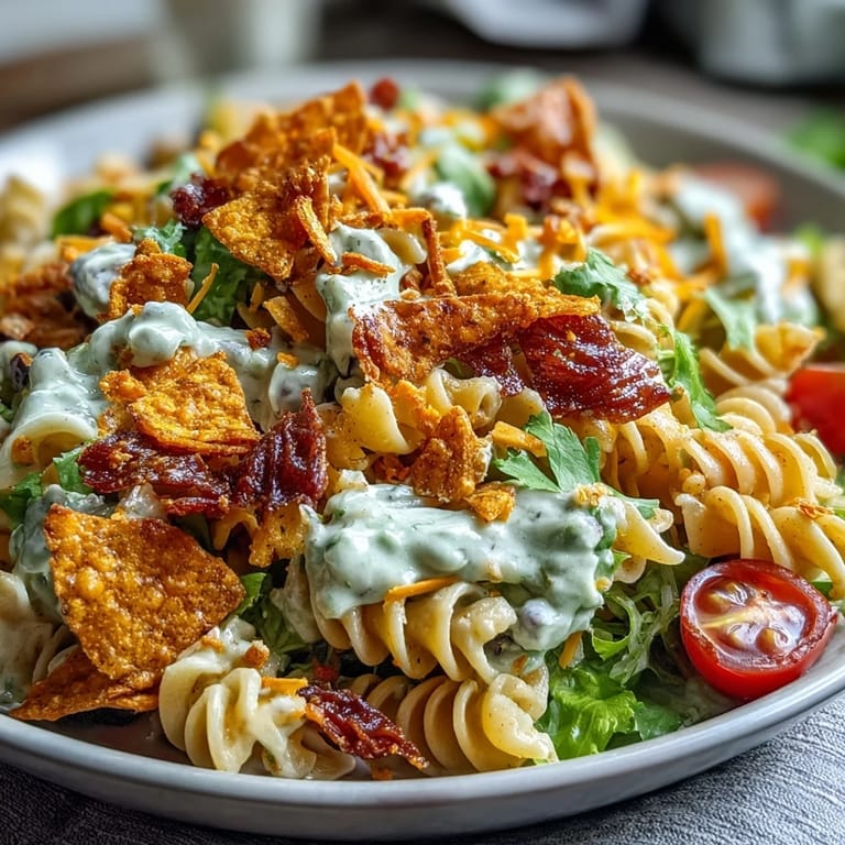 Creamy avocado ranch coats taco pasta salad with Doritos, fresh veggies, and shredded cheese for bold flavor.  