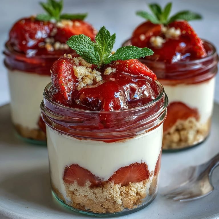 No-bake strawberry cheesecake jars featuring rich cheesecake, buttery crust, and glossy strawberry compote—ready to chill and serve.