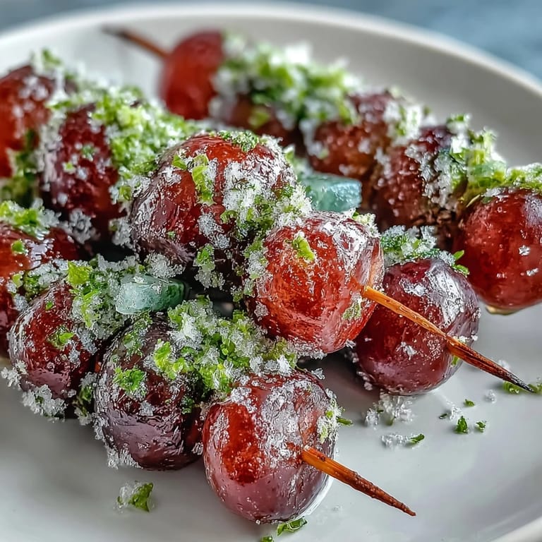 Colorful grape skewers coated in tangy lime sugar, a cool and sweet-tart treat that's simple to make and fun to serve.