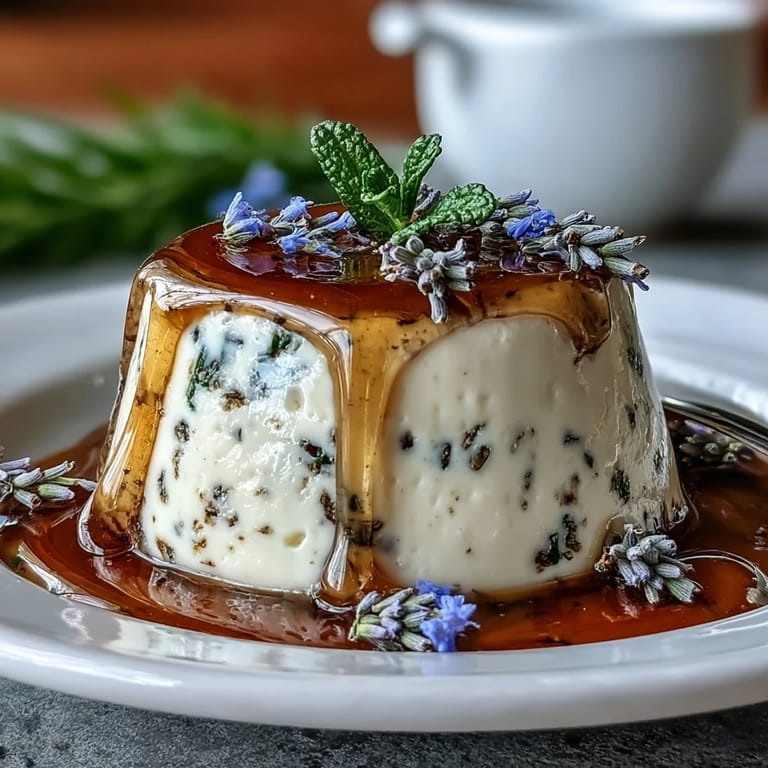 Elegant honey lavender panna cotta infused with fragrant lavender buds, drizzled with golden honey and garnished with edible flowers.