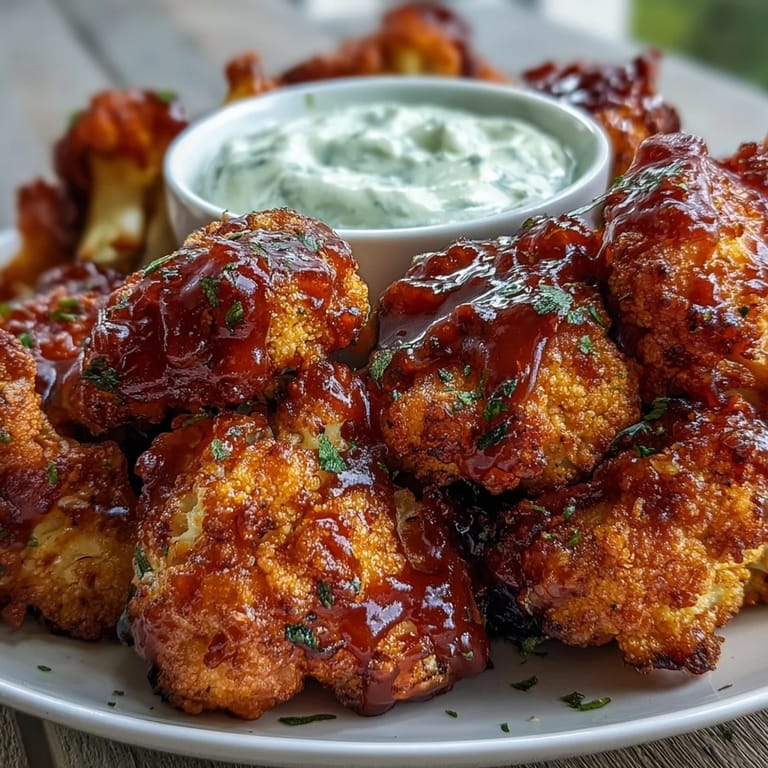 Golden, smoky BBQ cauliflower wings ready for dipping into vegan ranch.