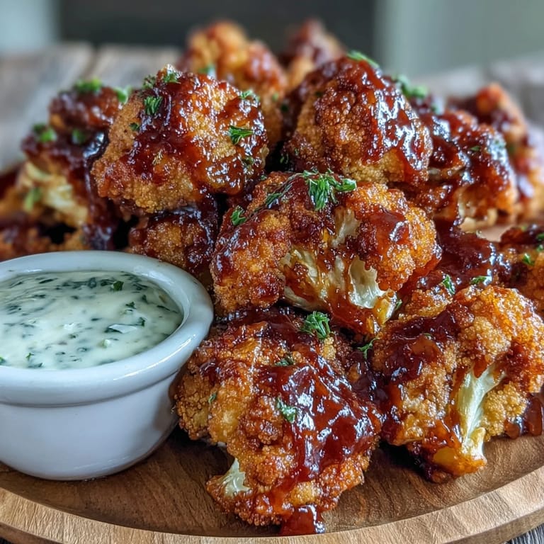 Oven-baked BBQ cauliflower wings glistening, served alongside cool, creamy ranch.