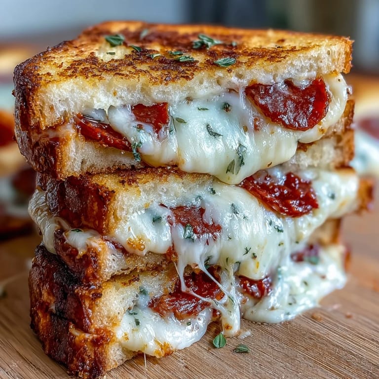 Gooey pizza grilled cheese with zesty pepperoni and melted, stretchy mozzarella cheese.