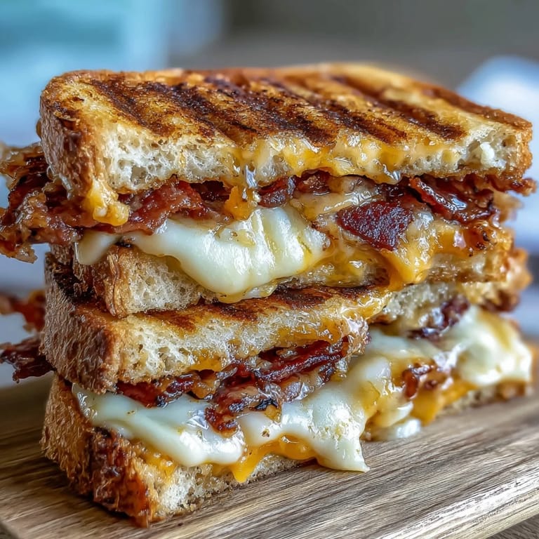 Close-up of a perfect hot honey bacon grilled cheese, toasted and delicious.
