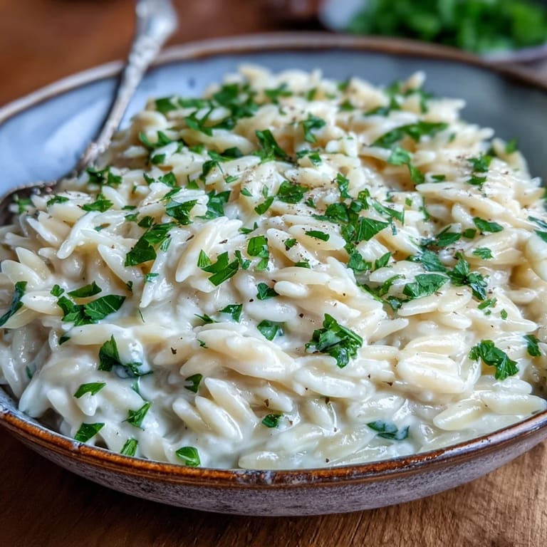 Velvety Creamy Garlic Parmesan Orzo, an easy Italian-inspired vegetarian entree.