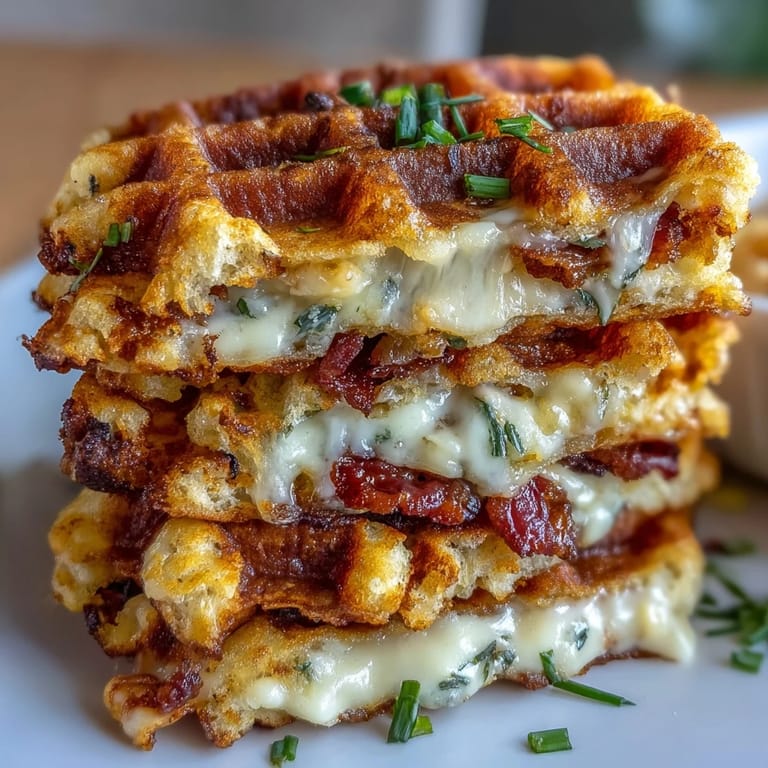 Cheesy, tender mashed potato waffle melts ready for a delicious, comforting brunch.