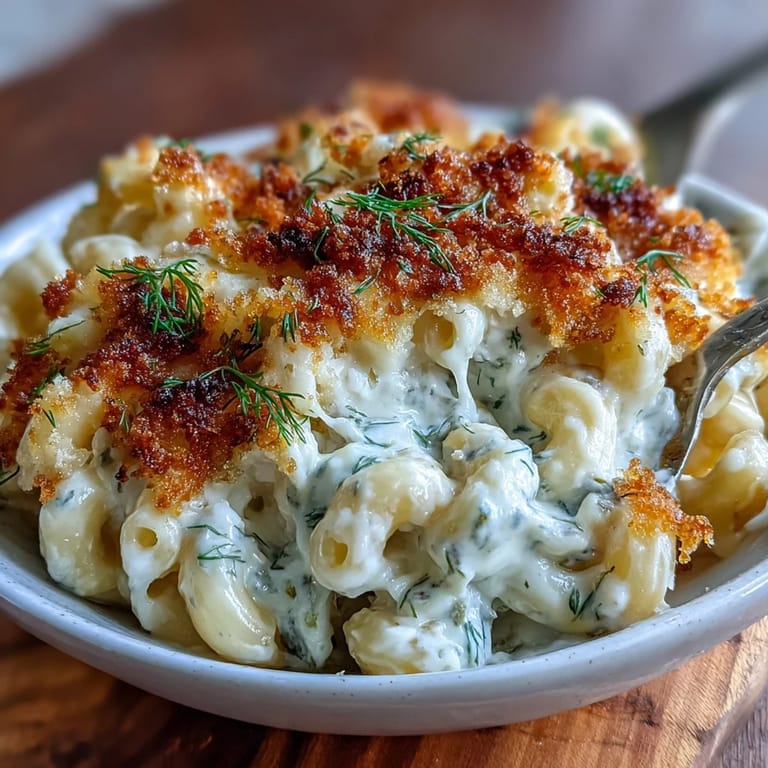 Cheesy Dill Pickle Mac and Cheese, a flavorful, quick weeknight meal.