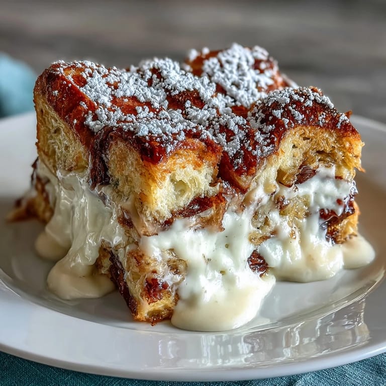 Delicious Stale Croissant French Toast Casserole, custardy and sweet with a golden crust.