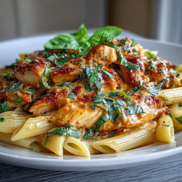 Hearty chicken pasta with fresh basil and a luscious tomato cream sauce.