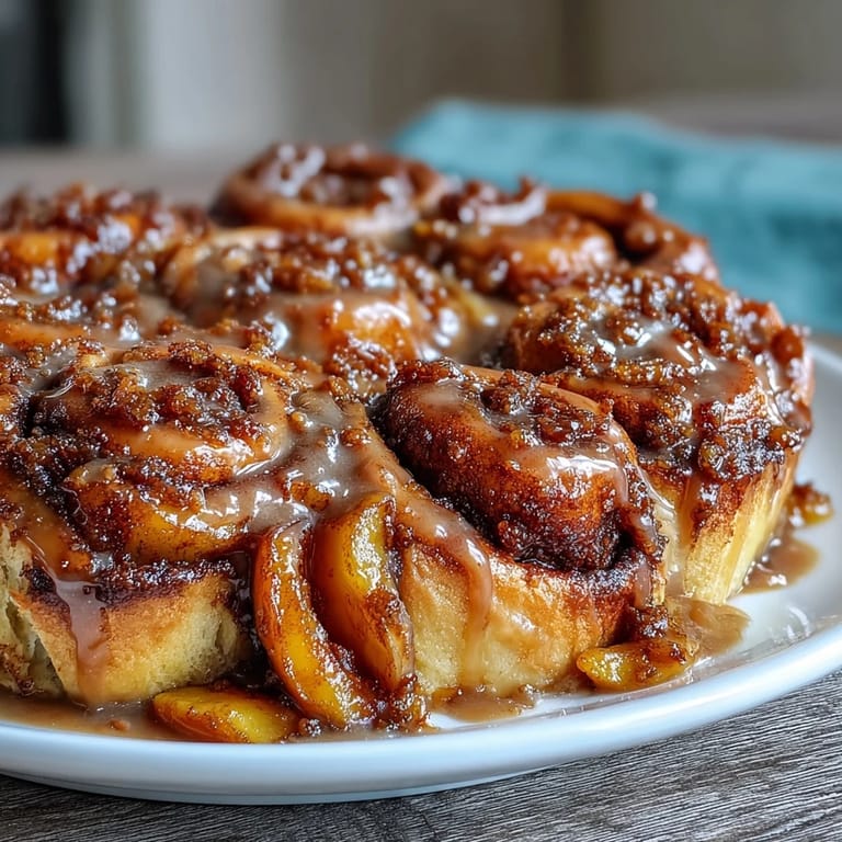 Melted icing drizzled over baked peach cobbler cinnamon roll casserole, a comforting dessert.