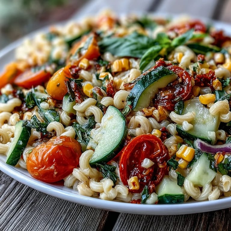 This easy summer corn and tomato pasta salad tastes refreshing with bright, juicy ingredients.