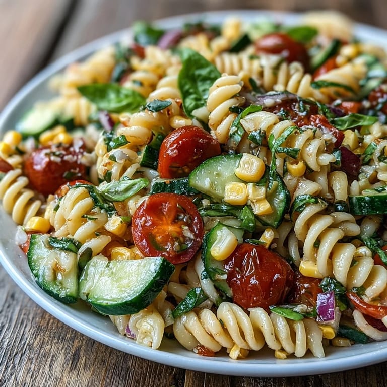 Garden-fresh corn and tomato pasta salad, a perfect crowd-pleasing dish for picnics.