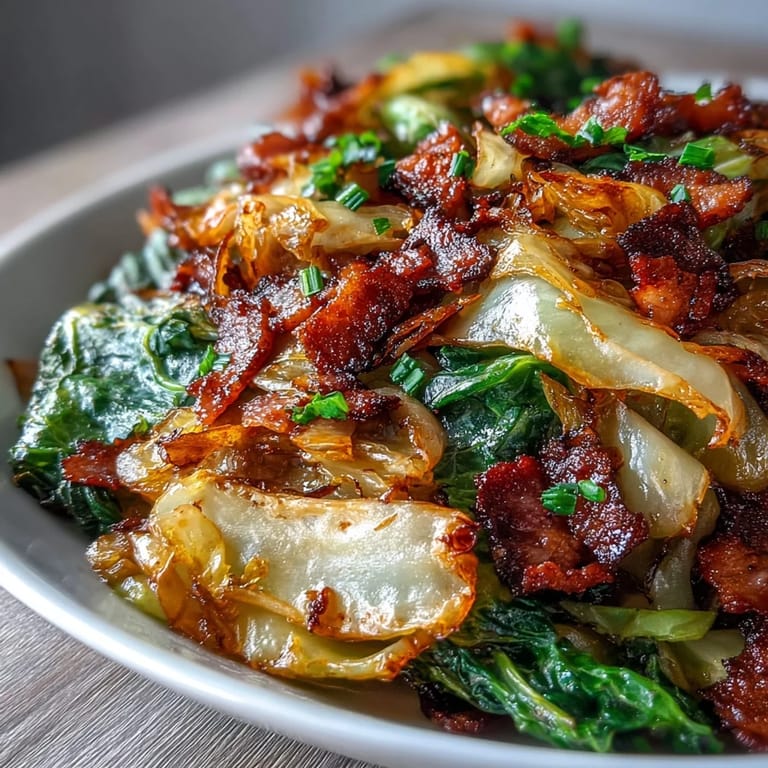 Hearty fried cabbage, bacon, onions ready to be served alongside mains.