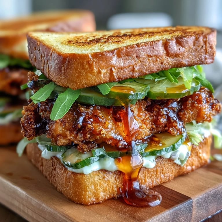 A delicious Crispy Hot Honey Chicken Sandwich piled high with toppings.