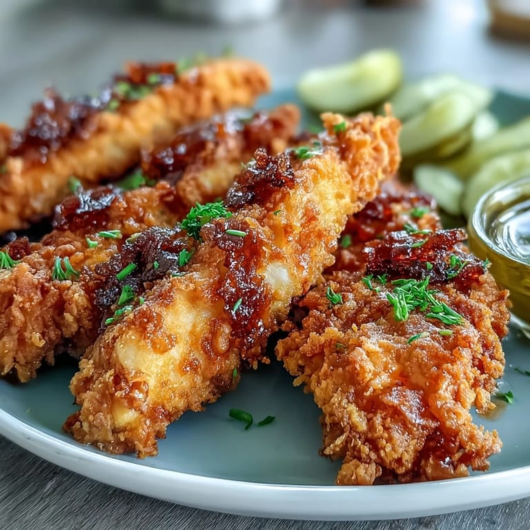 Crispy pickle brine fried chicken tenders, ready for your favorite dipping sauce.