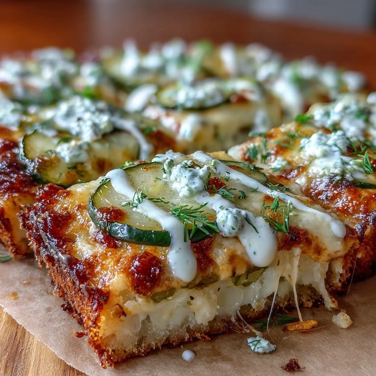 Crispy homemade pickle pizza made with garlic, herbs, and ranch topping.