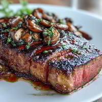 A juicy ribeye steak seared to perfection and topped with a rich wild mushroom and garlic butter crust for an indulgent meal.