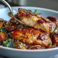 Maple Dijon Chicken Sweet Potato Bowls with roasted Brussels sprouts, pecans, and cranberries served over brown rice.