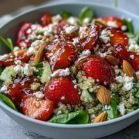 Fresh strawberry feta quinoa salad with balsamic dressing, vibrant and perfect for spring meals or light lunches.