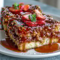 Spring Brunch Strawberry French Toast Bake with golden custard and fresh berries, baked until perfectly set and topped with cinnamon streusel.