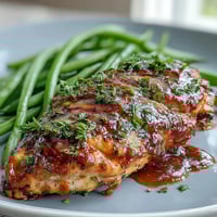 Honey mustard chicken with green beans served on a rustic plate, golden glaze glistening beside vibrant green beans.  