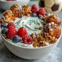 Soccer Team Snack Cups with Fruit and Granola in clear cups topped with colorful berries and crunchy granola, perfect for sports teams and kids.