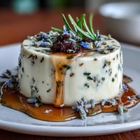 Silky honey lavender panna cotta with delicate floral notes, served in glass cups with fresh berries on top.