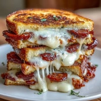 Golden brown pepperoni pizza grilled cheese oozing mozzarella with marinara for dipping.