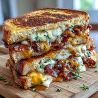Golden crispy bacon grilled cheese with hot honey, oozing melted cheese.