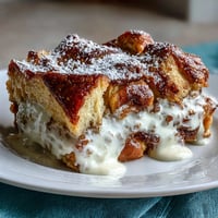 Golden brown Stale Croissant French Toast Casserole, baked to perfection.