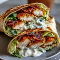 Golden crispy chicken Caesar wraps, packed with romaine and creamy dressing.